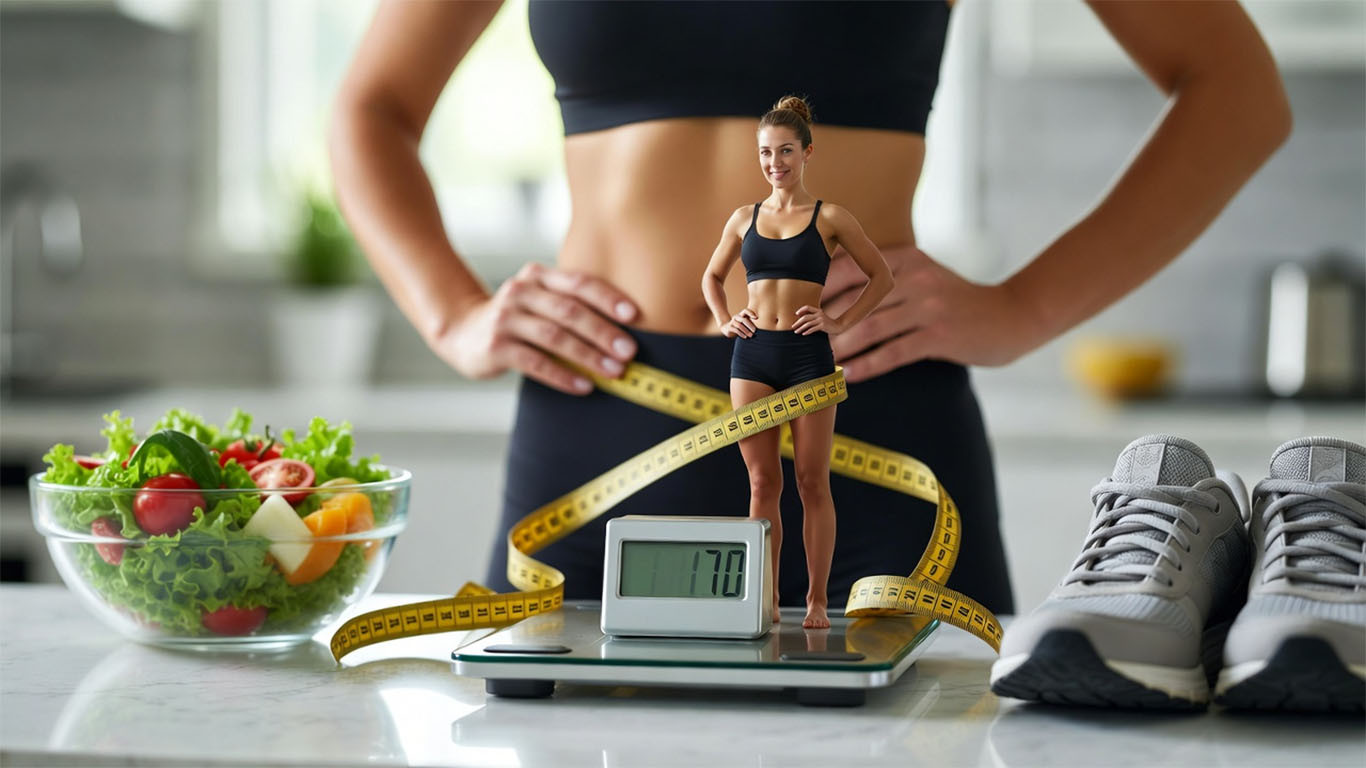 Person on scales, aiming to lose a stone in a month.