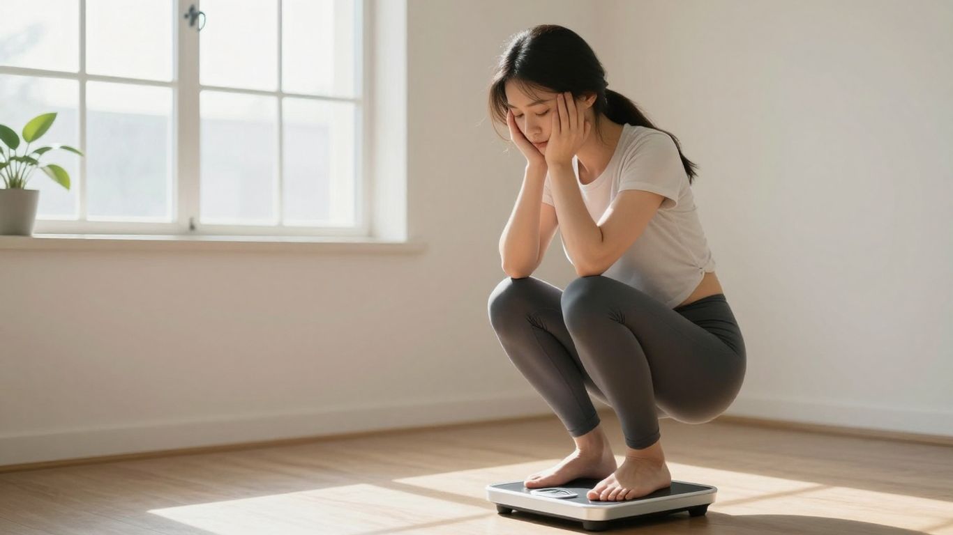 Person looking at weighing scales, contemplating weight loss