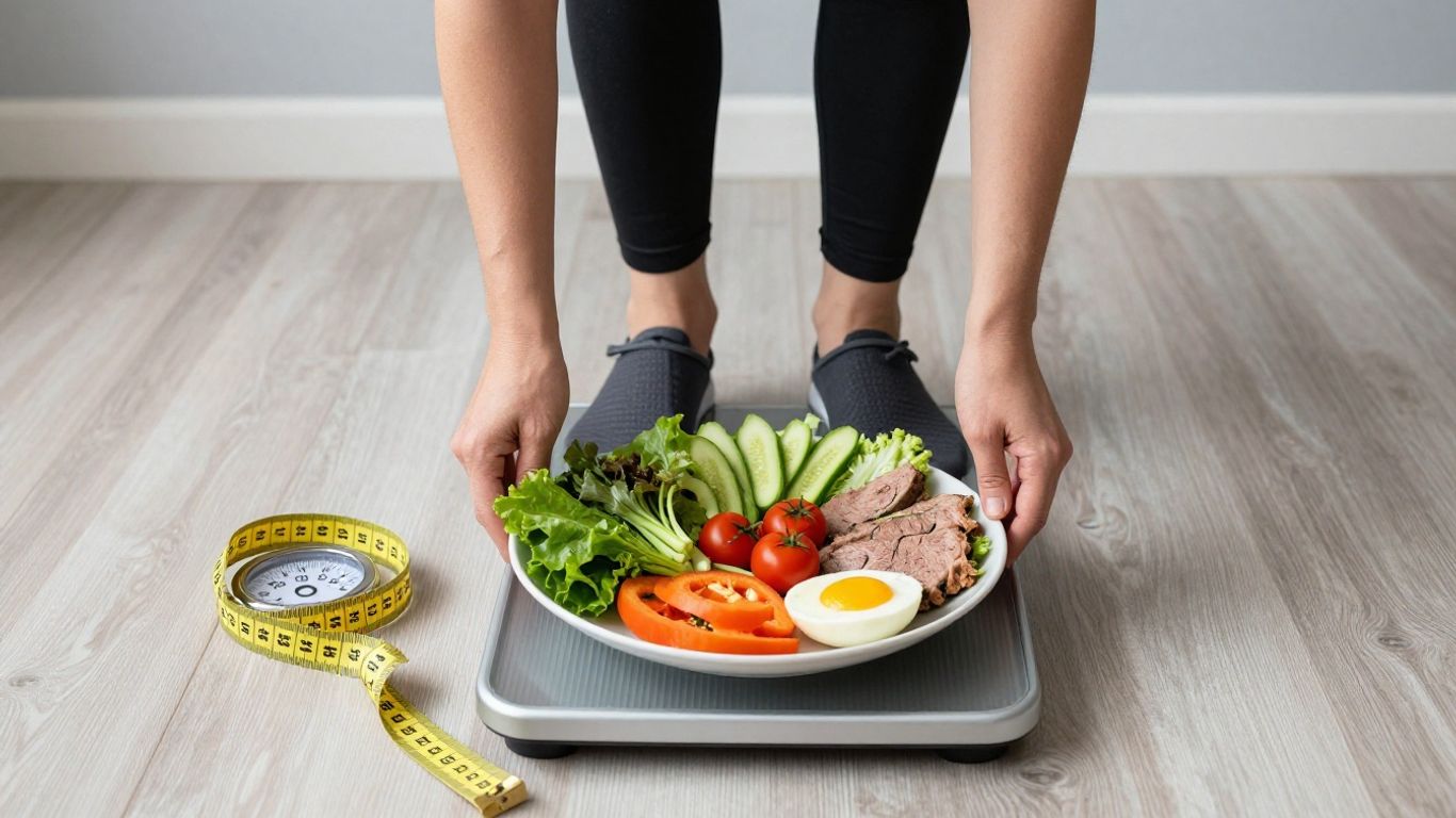 Person on scale with healthy food and measuring tape.
