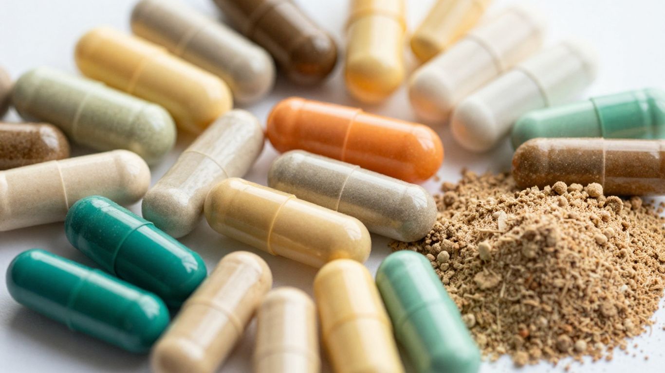 Colorful gut repair supplements arranged artfully.