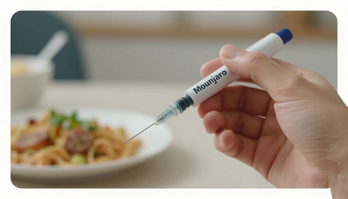 Mounjaro pen and a hint of a meal, suggesting appetite control.