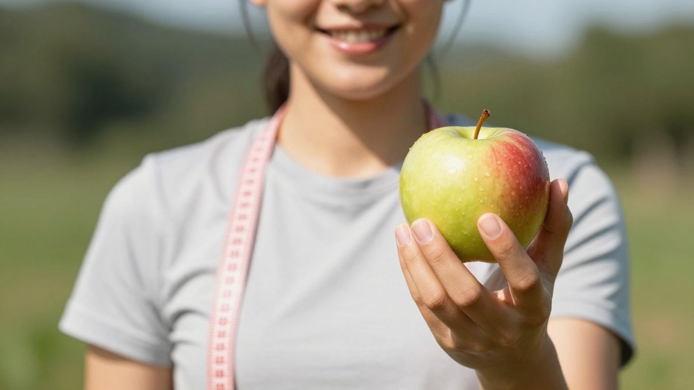 Person holding apple and measuring tape, healthy lifestyle