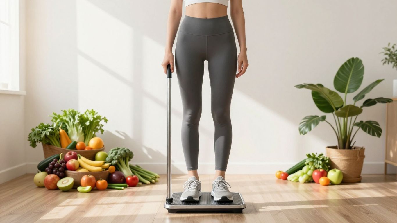 Person on scale with healthy food, ready to lose weight.